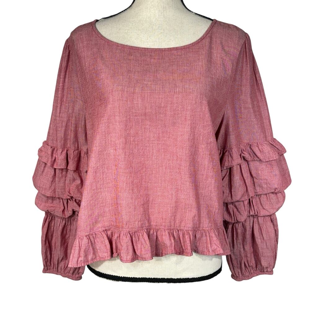 American Eagle X-Large Boho Crop Top Long Balloon Sleeves Ruffled Keyhole Red